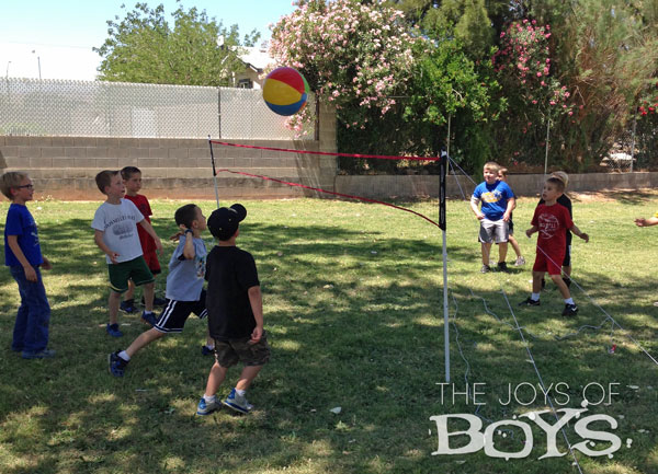 Beach ball volley ball for Sports party. So much easier and safer for kids to play than a real volleyball. TheJoysofBoys.com Sports Birthday Party Beach ball Volleyball