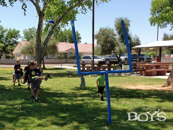 Goal post made from PVC and Pool Noodles from TheJoysofBoys.com. Perfect for a Sports birthday party. #football #goalpost #poolnoodle Sports Birthday Party Goal Post